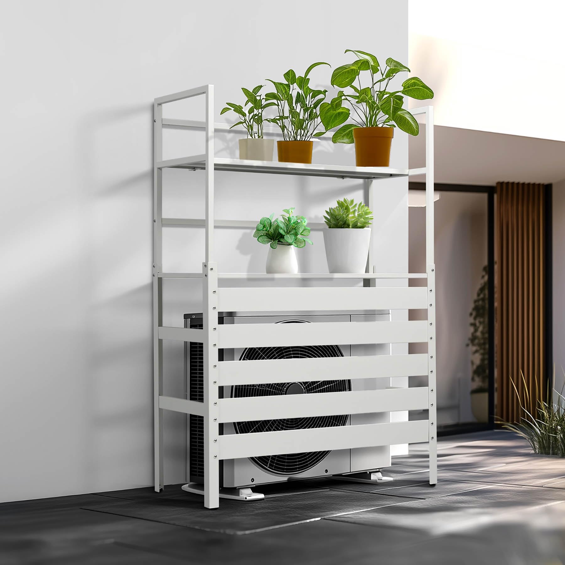 新品　室外機カバー　室外機目隠し　収納ラック　ホワイト 新生活 室外機カバー 2段 棚付き 室外機ラック ルーバー 目隠し